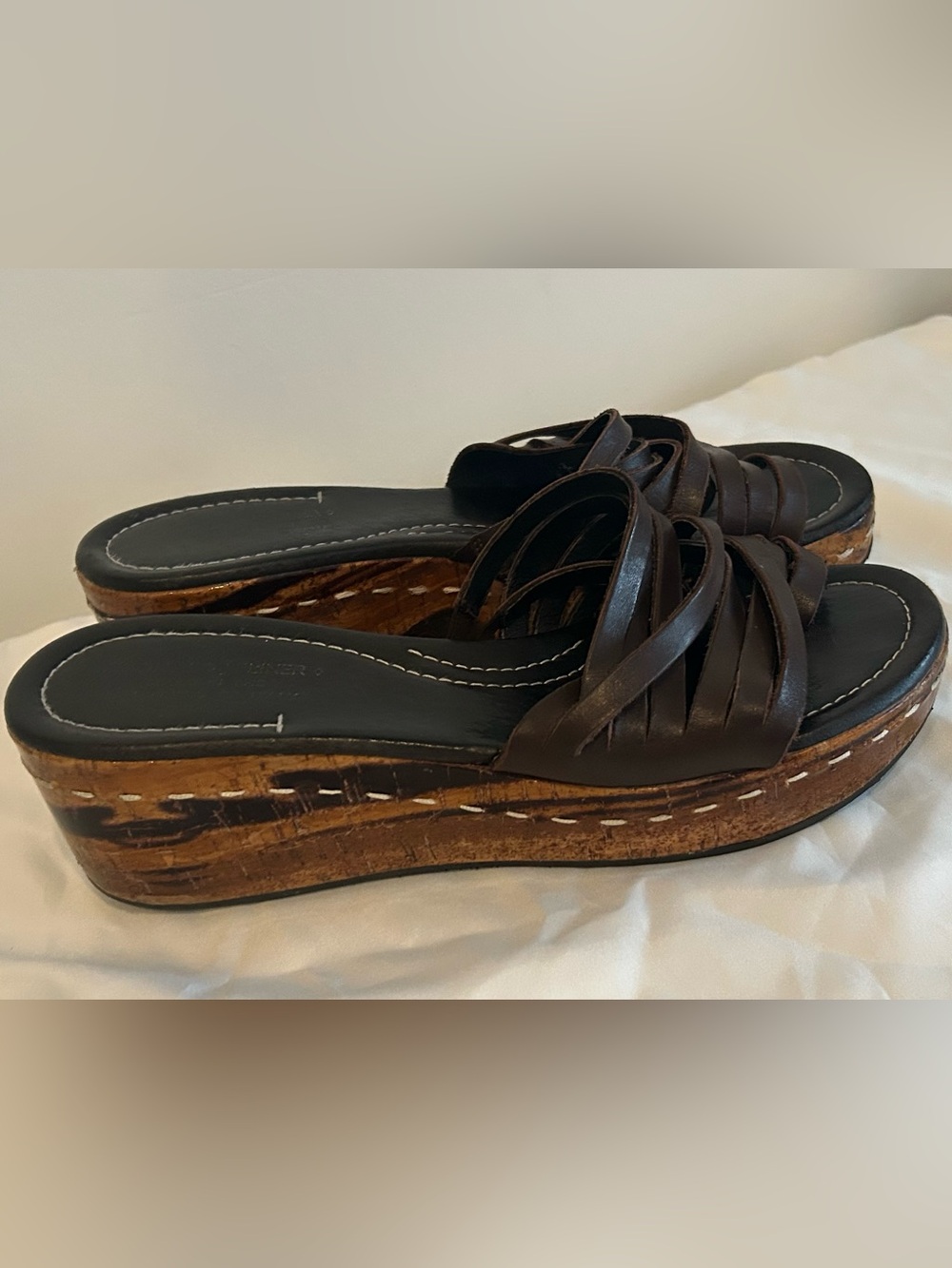 Donald J Pliner Brown Leather Platform Mule Sandals Cork Heel Slides Sz 7.5 - Picture 4 of 10